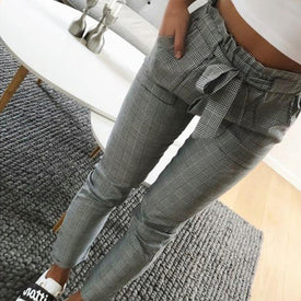 Women Fashion Plaid Pleated High Waist Skinny Pencil Pants
