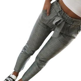 Women Fashion Plaid Pleated High Waist Skinny Pencil Pants