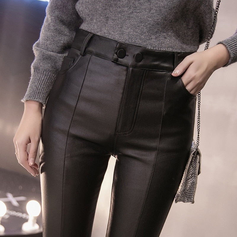 Women Thin Velvet PU Leather Pants
