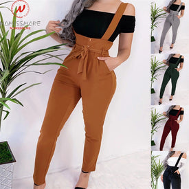 Women Streetwear Long Pants Bandage Design Button Pockets
