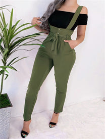 Women Streetwear Long Pants Bandage Design Button Pockets