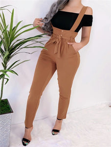 Women Streetwear Long Pants Bandage Design Button Pockets